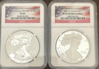 Set Of 2 2012 - S $1 Silver Eagles Ngc Pf69 And Pf69ucam Proof Rev Pr Sf Coin