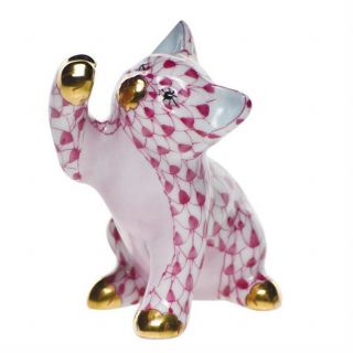 Herend,  Little Curious Kitty / Cat Porcelain Figurine,  Raspberry,  Flawless