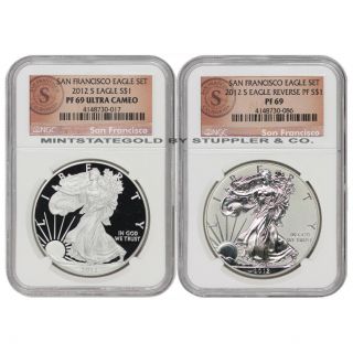 Set Of 2 2012 - S $1 Silver Eagles Ngc Pf69 And Pf69ucam Proof Rev Pr Sf Coin