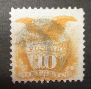 1875 Us S 127 10c Shield And Eagle,  Yellow No Grill Small Tear Bottom Reissued