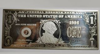 1996 Federal Reserve Note Currency Style 4 Troy Ounces.  999 Fine Silver Art Bar