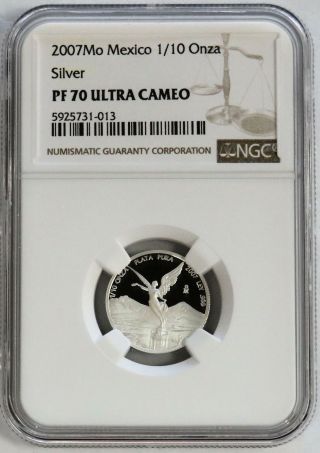 2007 Silver Mexico 1/10 Onza Libertad Proof Coin Ngc Pf 70 Ultra Cameo