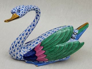 Herend Hungary Bird Swan Goose Blue Fishnet Porcelain Figurine 24 K Gold Accents