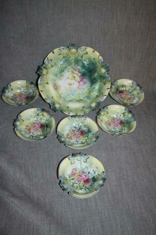 R.  S.  Prussia Berry Bowl Set Wild Rose Pattern 7pc W/ Master Red Mark Suhl