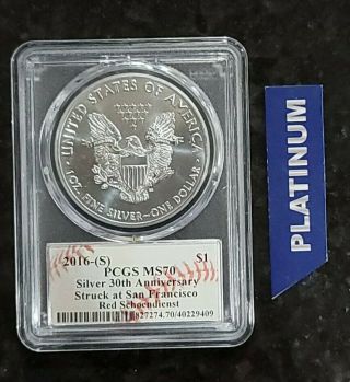 2016 (S) $1 American Silver Eagle 1oz PCGS MS70 Red Scheondienst 2
