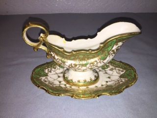 Nippon Hand Painted Maple Leaf Gravy Boat W/plate Ornate Gold Guilt C1890s