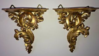 Rococo 4 Ornate Florentine Gold Gilt Carved Wood Wall Bracket Shelves Italy