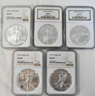 5 Coin Set Of American Silver Eagles 2001,  2005,  2006,  2019,  2020 Ngc Ms 69