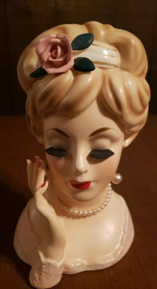 Vintage Lady Headvase 1961 Inarco E - 193/l/a Pink Top Blonde Hair Flower 8 "