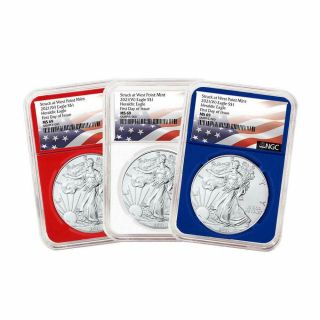 - 2021 (w) $1 American Silver Eagle 3 Pc.  Set Ngc Ms69 Fdi Flag Label Re