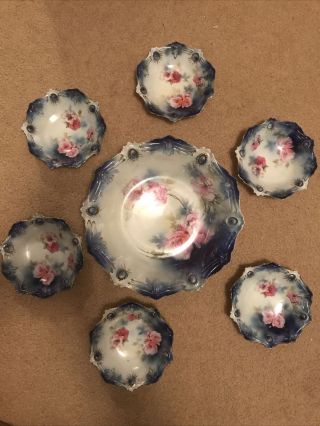 Rs Prussia Fruit Berry Bowl Set Master Bowl 6 Small Bowls Blue