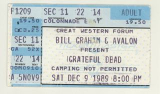 Rare Grateful Dead 12/9/87 Los Angeles Ca Treat Western Forum Ticket Stub