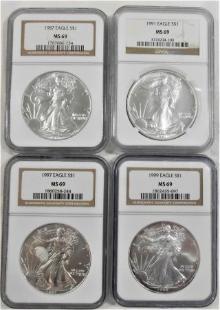 4 Coin Set Silver Eagles S$1 1987,  1991,  1997,  1999 Ngc Ms 69 Brown Label