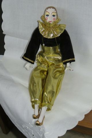 Porcelain Harlequin Pierrot Jester Clown Doll Hand Painted Black Gold