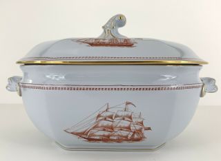 Spode Trade Winds Red Gold Trim Soup Tureen & Lid Ships England