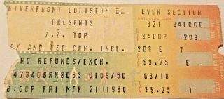 Zz Top 3/21/80 Vintage Classic Rock Concert Ticket Stub Cincinnati Ohio