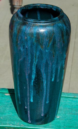 Paul Revere Pottery (seg) 10 " Vase Lt.  Blue Drip On Dark Blue - Arts & Crafts