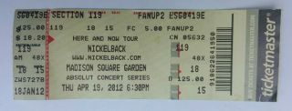 Nickelback Concert Ticket Stub April 19,  2012 Madison Square Garden York Ny