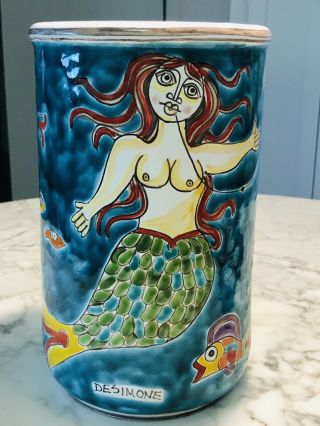 Lrg Desimone Italian Pottery Vase - Fisherman’s Catches Mermaid & Fish - Colorful