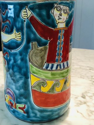 Lrg DESIMONE Italian Pottery Vase - Fisherman’s Catches Mermaid & Fish - Colorful 2