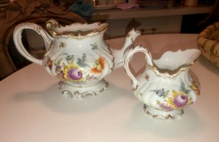 19th Century Richard Klemm Dresden Germany Teapot & Creamer Floral Gold
