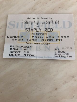 Simply Red Concert Ticket Starry Night Tour Sheffield 1992