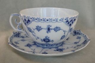 Royal Copenhagen Blue Fluted Full Lace Flat Cup Saucer Set 1st Quality 1/1142