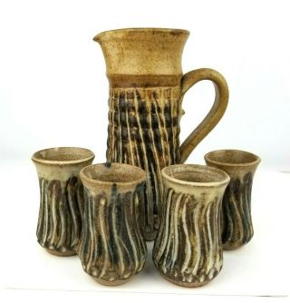 Vintage Viktoria Chulay Art Studio Pottery,  Pitcher And Cup Set,  5 Piece Set