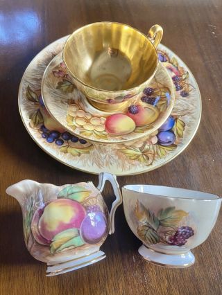 Ln Aynsley Orchard Fruit Gold Tea Cup Saucer Plate Creamer Sugar Set Hp Signed
