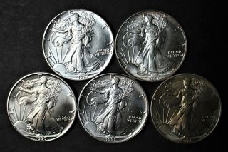 5 Bu American Silver Eagle Dollar Coins 1987,  1988,  1990,  1991,  And 1992