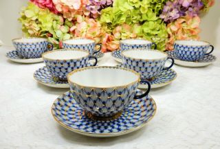 7 Lomonosov Porcelain Russia Russian Cobalt Blue Net White Gold Cups & Saucers