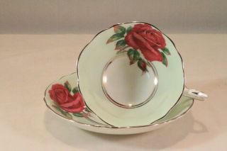 Signed Paragon Cup & Saucer Green With Large Red Cabbage Rose R.  Johnson