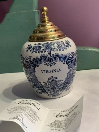 Delft Royal Goedewaagen Virginia Tobacco Jar Blue And White W/lid