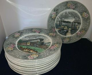 (set Of 12) Adams Currier & Ives 10 1/2 " Dinner Plates Made For B Altman Co.  Nyc