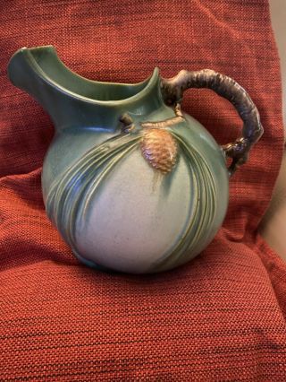 1930s Roseville Art Pottery Green Pine Cone Ice - Lip Ball Pitcher W/twig Handle