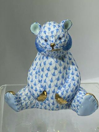 Herend Cute Bear Figurine Blue Fishnet Hand Made & Painted 24k Gold Accents