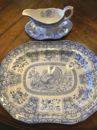 Spode Blue And White Porcelain Turkey Platter Gravy Boat England Room 16 "