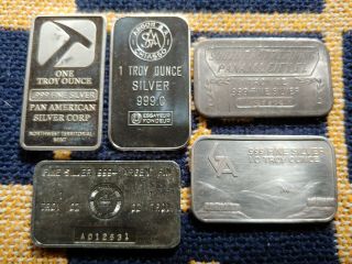 1 Oz.  999 Silver Bars Five (5) Troy Oz 