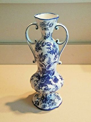 Vintage Blue White Two Handle Floral Design Vase Made In Holland