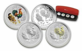 2017 Australia Lunar Year Of Rooster | 1 Oz.  Silver 4 - Coin Type Set | Ogp &