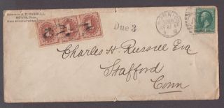 Us 19th Cent Cover,  Sc 207,  J15 (strip Of 3),  Due 3,  Norwich,  Ct,  8/23/1888
