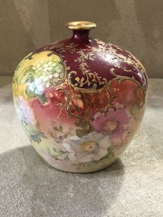 Antique Handpainted Flowers Pink Royal Bonn Germany Vase Raised Relief Gold Gilt