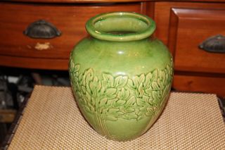 Antique Pottery Vase Green Color Tree Leaves Unmarked Pottery Raised Flowers