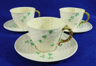 Set 0f 3 Belleek Shamrock Irish Porcelain Tea Cups & Saucers Green Mark Ireland