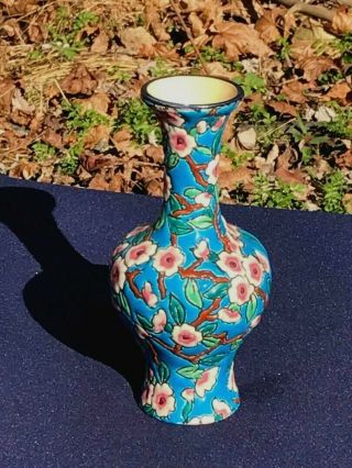 French Longwy 19th Century Enamel Pottery Floral Vase,  Unusual Form