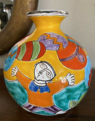 Vintage Desimone Italian Pottery Vase - Man With Balloons - Double Signed