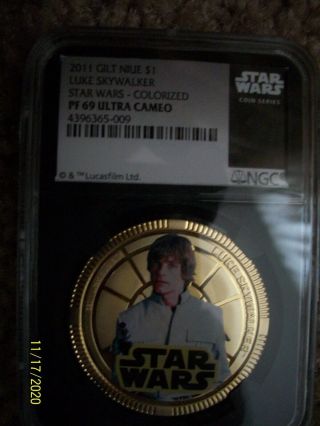 2011 Star Wars Ngc Pf 69 U/c Niue 1oz Silver $1 " Luke Skywalker " Colorized/gilt