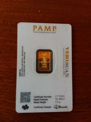 2.  5 Gram Gold Bar - Pamp Suisse - Fortuna - 999.  9 Fine In Assay Nr