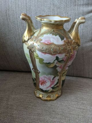 Antique Hand Painted Nippon 10 " Two Handled Vase - Circa 1900