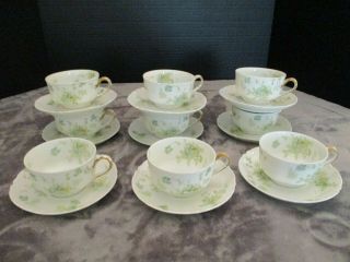 Antique Haviland Limoges Green Turquoise Floral Scalloped Rim 9 Cups & Saucers